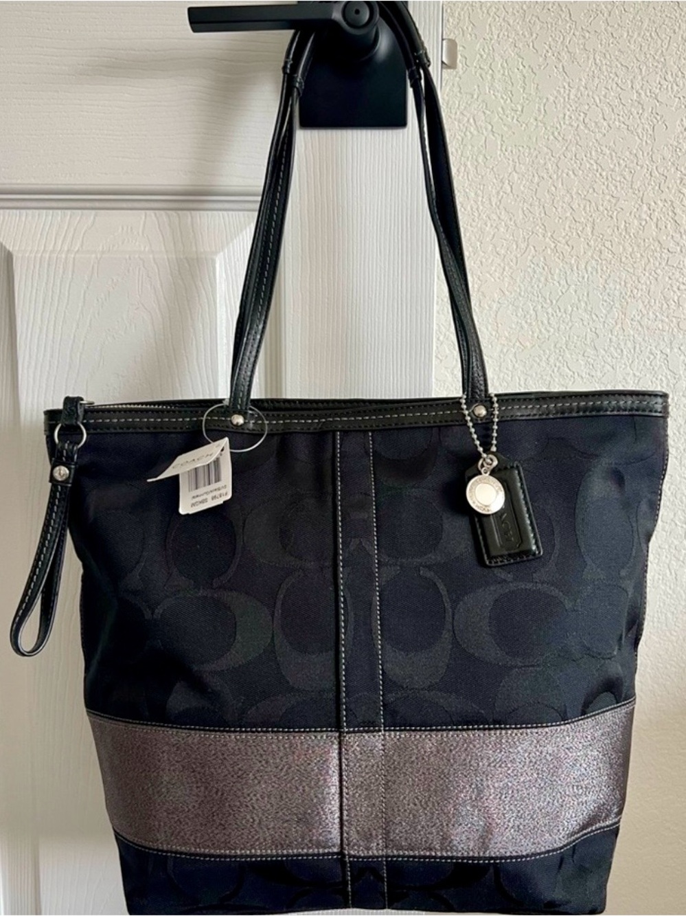 Coach Black Signature Tote with Metallic Band